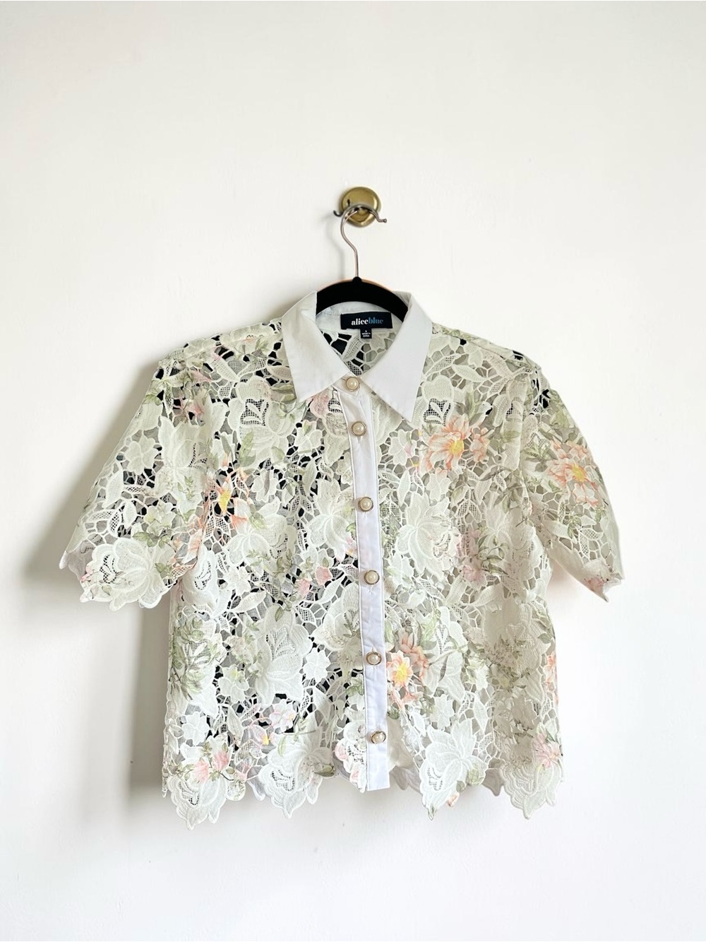 Alice Blue Floral Lace Button Down Blouse Pearl Buttons Cottagecore Top Small